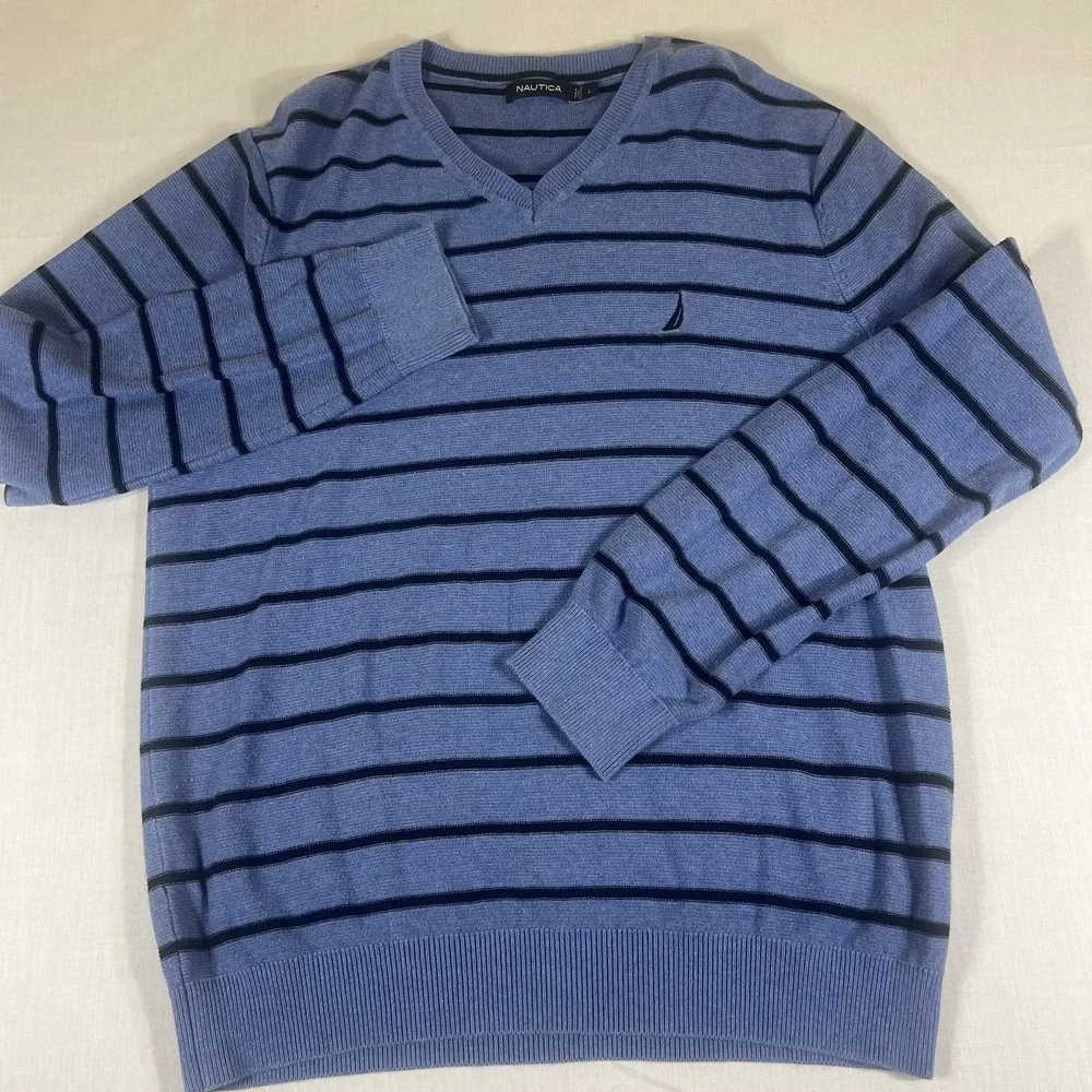 Nautica Mens Large Blue Black Striped V Neck Sweater Cotton Knit Pullover